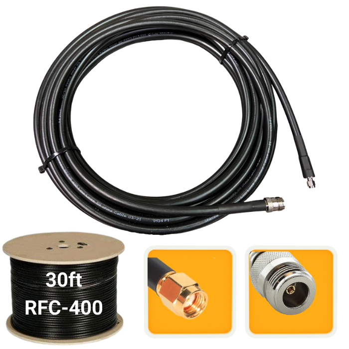 30 ft. Antenna extension coaxial cable RP-SMA Male to N-Female RFC-400 low loss