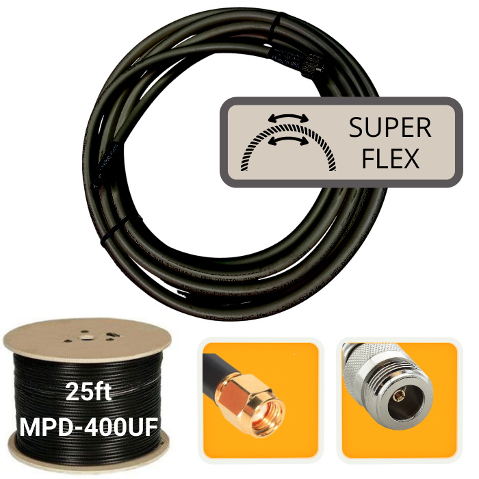 25 ft. Antenna Extension Ultra Flex Cable RP-SMA Male to N-Female MPD-400UF Super Flex Black