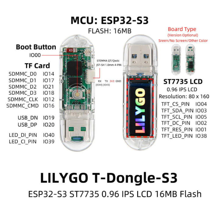 LILYGO® T-Dongle S3 ESP32-S3 Development Board & Screen 0.96 inch ST7735 LCD Display K193