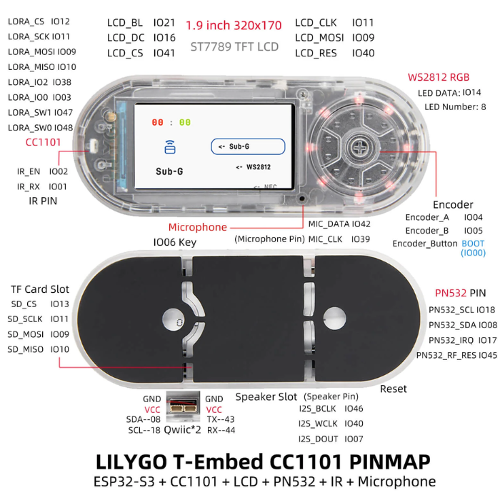 LILYGO® T-Embed CC1101 PN532 NFC/RFID I2C transceiver module K230