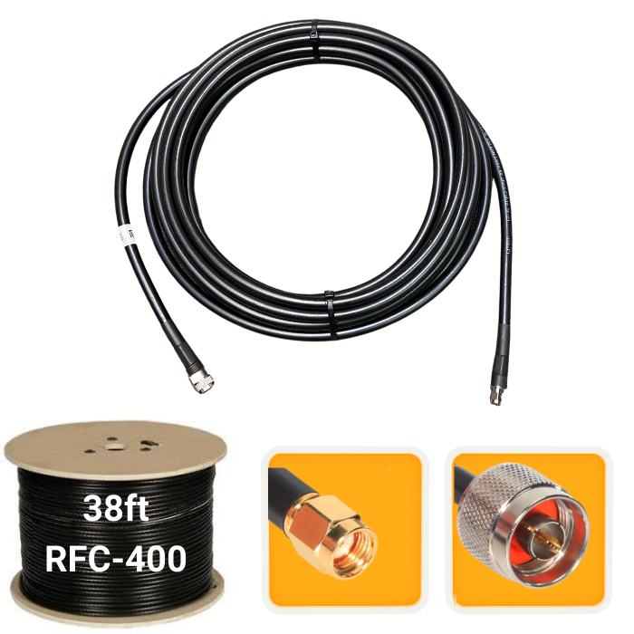 38 ft. Antenna extension coaxial cable RP-SMA male to N-male RFC-400 low loss