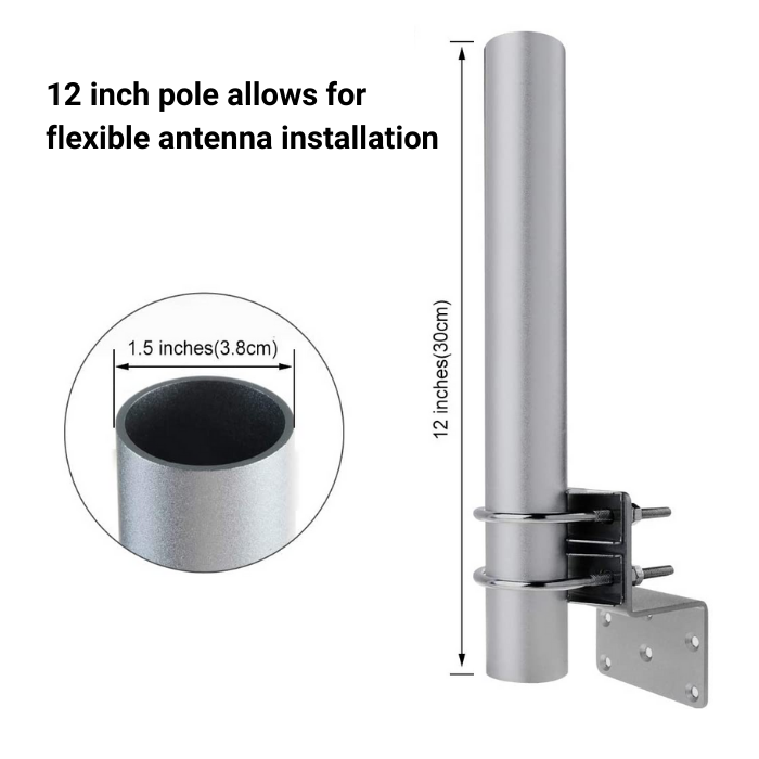 Silver outdoor antenna pole mast with dimensions shown