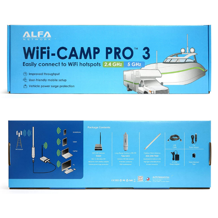 ALFA Network WiFi Camp Pro 3 - Dual Band Wi-Fi (2.4 or 5 GHz) repeater kit - R36AH + Tube-UAC2 + Antenna for RV, Boat, Camper