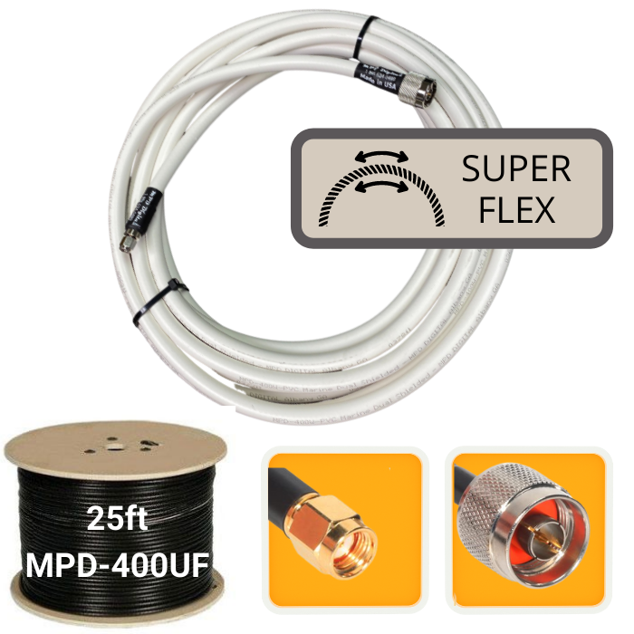 25 ft. Antenna Extension Ultra Flex Cable RP-SMA Male to N-Male MPD-400UF Super Flex White
