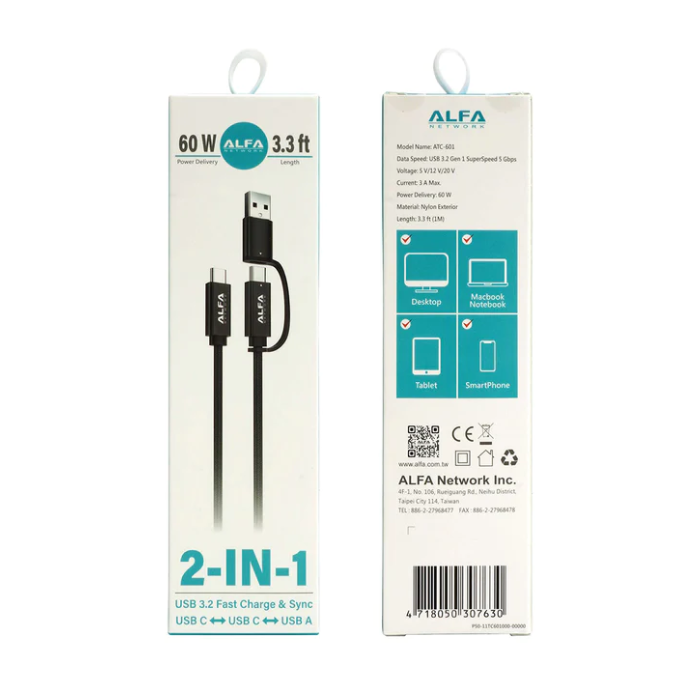Alfa ATC-601 replacement USB cable for AWUS036ACH USB-C model Type-C with Type-A adapter