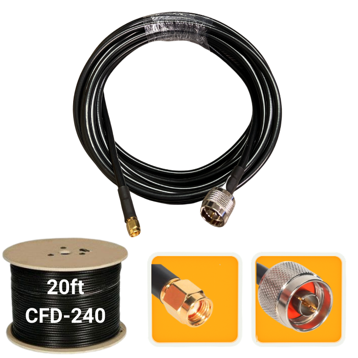20 ft. Antenna extension coaxial cable RP-SMA male to N-male CFD-240 low loss