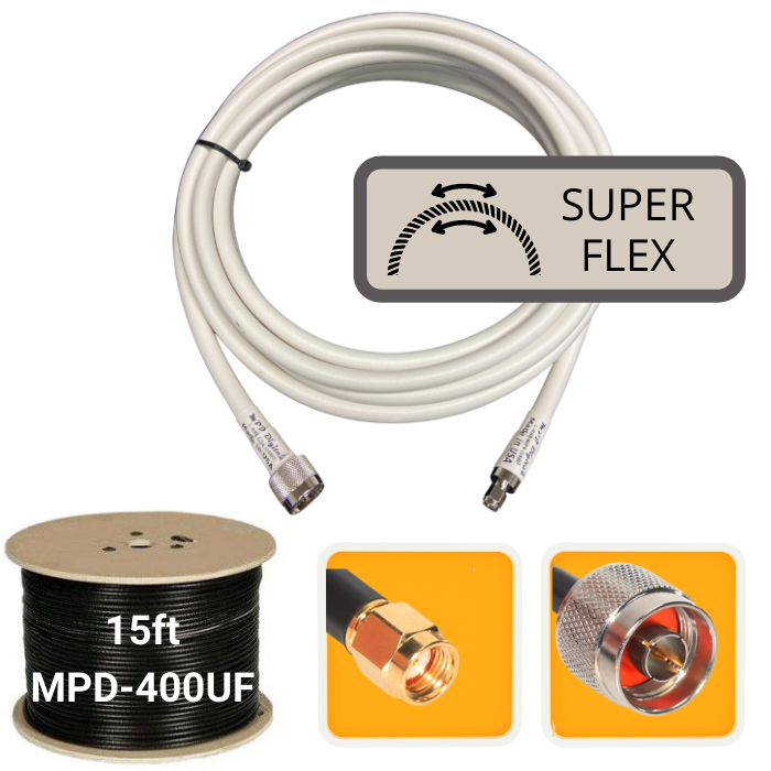 15 ft. Antenna Extension Ultra Flex Cable RP-SMA Male to N-Male MPD-400UF Super Flex White