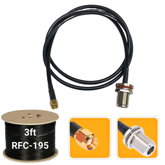 3 ft. Antenna extension coaxial cable RP-SMA male to N-Female Bulkhead RFC-195 low loss