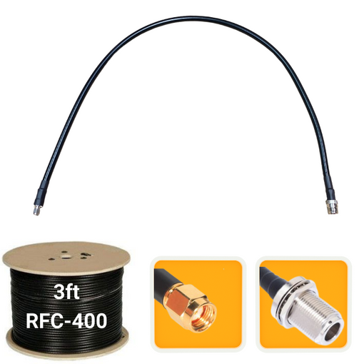 Black 3 ft Rp-SMA Male to N-Female 400 low loss with close up of both ends of cable and spool of cable