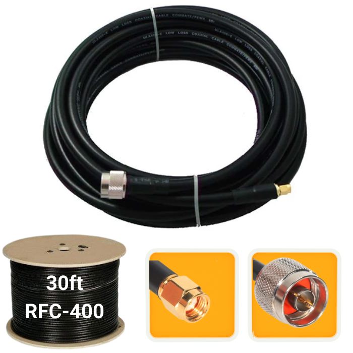 30 ft. Antenna extension coaxial cable RP-SMA Male to N-Male RFC-400 low loss