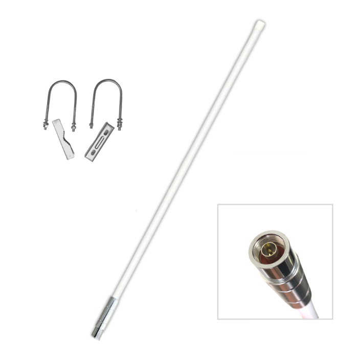 White 5.8 dBi antenna with silver accessories and close up connector profile 