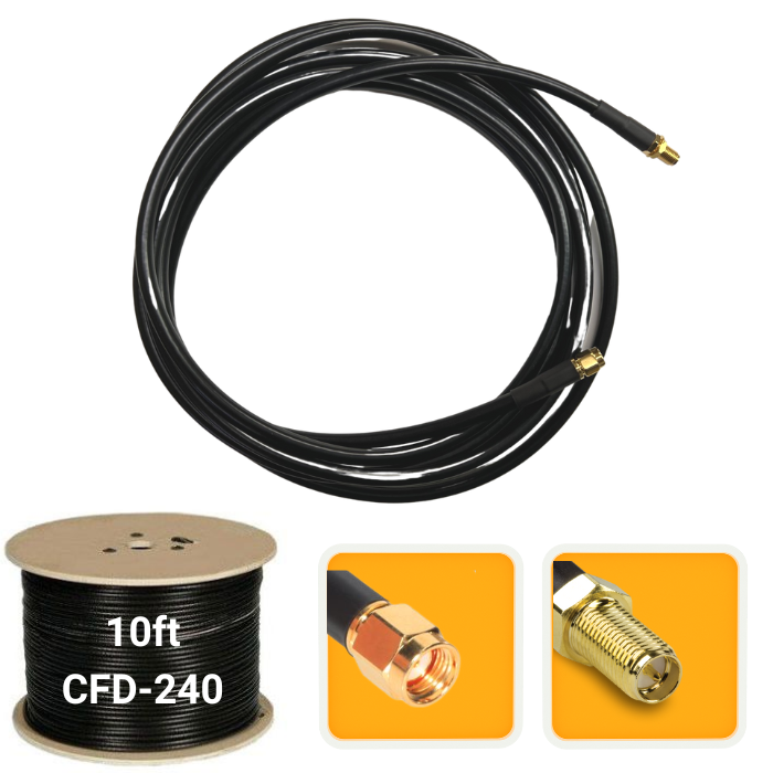 10 ft. Antenna extension coaxial cable RP-SMA male to RP-SMA female CFD-240 low loss