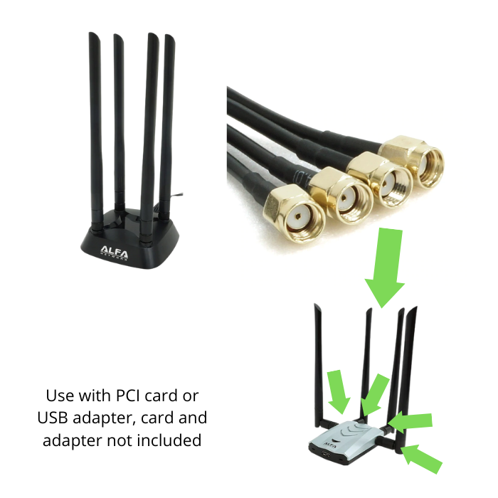 ALFA ARS-AS04T Quad Antenna Magnet Base 4x RP-SMA connectors and cable for AWUS1900